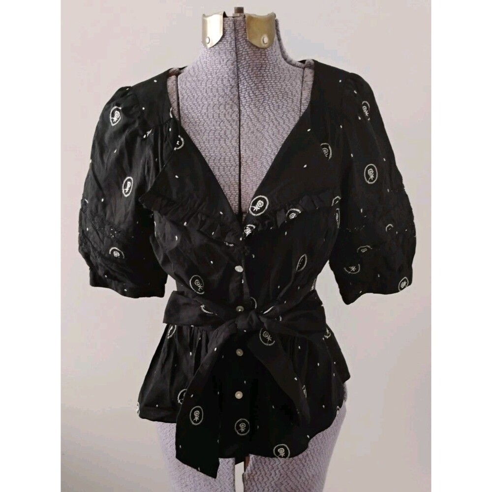 Anthropologie Lithe Rose Cameo Blouse Top Rose Print Black Cotton Sz 2 Peplum EC